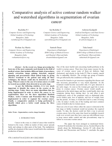 First page of Comparative analysis of active contour, random walker and watershed algorithms in segmentation of ovarian cancer